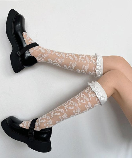 Enchanting Black Floral Mesh Ruffle Knee-High Socks – Perfect for Fall & Spooky Season Style