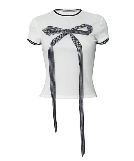 Preppy Chic: Gingham Bow Ribbed Short Sleeve Top - Your Essential Fall Style Statement