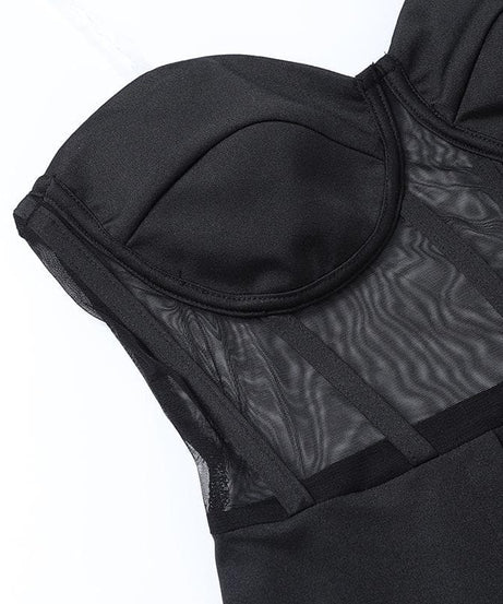 Glamorous Black Mesh Corset Maxi Dress with Dual High Slits - Fall & Holiday Party Ready