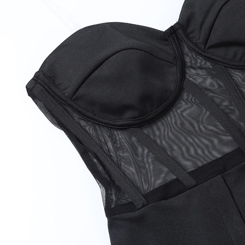 Glamorous Black Mesh Corset Maxi Dress with Dual High Slits - Fall & Holiday Party Ready