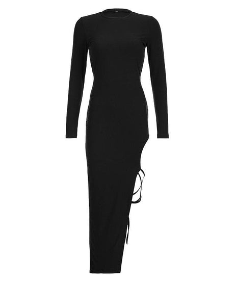 Fall Nights Out: The Chic Black Tie-Slit Midi Dress - Long Sleeve Bodycon Elegance