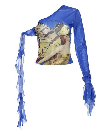 Enchanting Butterfly Art One-Shoulder Mesh Top - Flared Sleeve Y2K Style for Fall