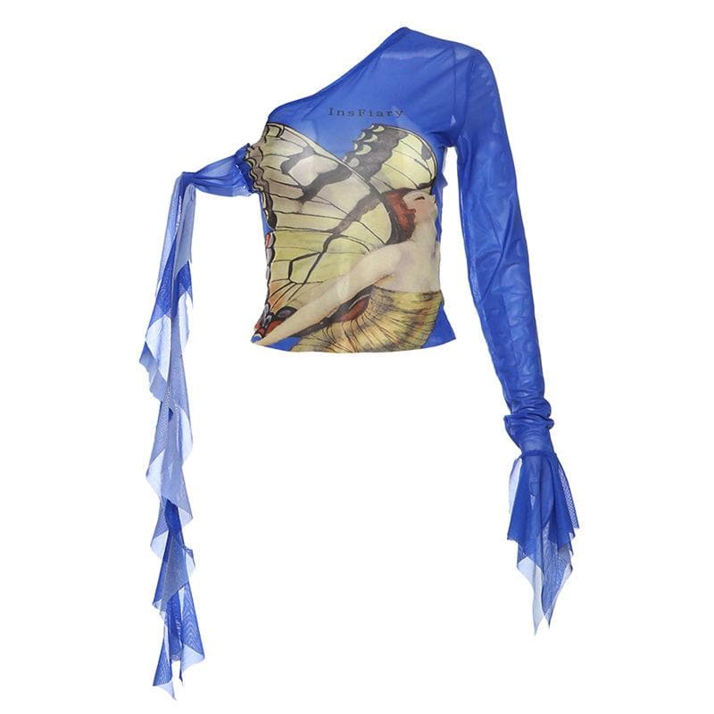 Enchanting Butterfly Art One-Shoulder Mesh Top - Flared Sleeve Y2K Style for Fall