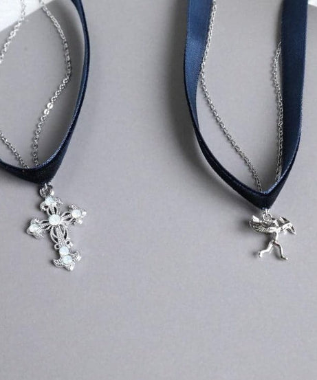 Fall Enchantment Layered Choker: Velvet Ribbon & Chain with Gothic Cross or Angel Pendant