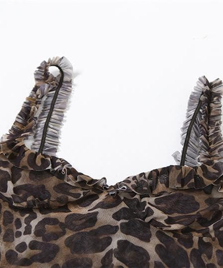 Untamed Allure: Leopard Print Ruffle Mesh Cami Mini Dress – Your Fall Night Out Essential
