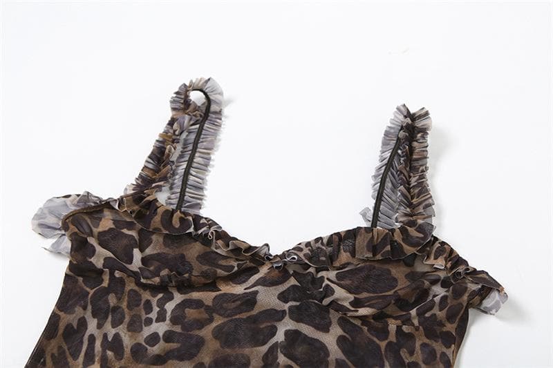 Untamed Allure: Leopard Print Ruffle Mesh Cami Mini Dress – Your Fall Night Out Essential