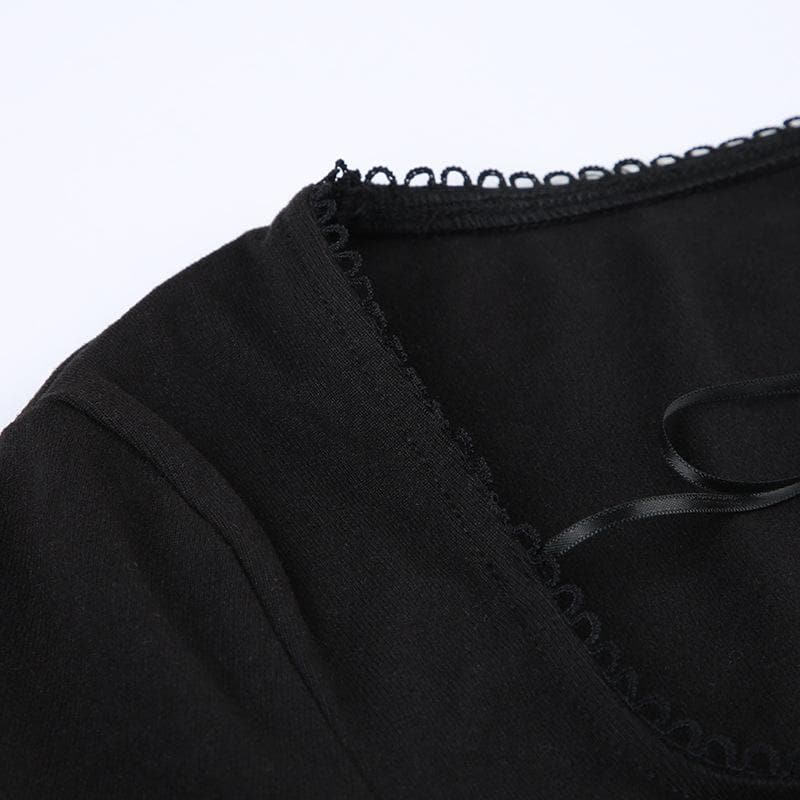 Cozy Chic Black Square Neck Long Sleeve Top | Ribbon Tie Front & Delicate Lace Trim