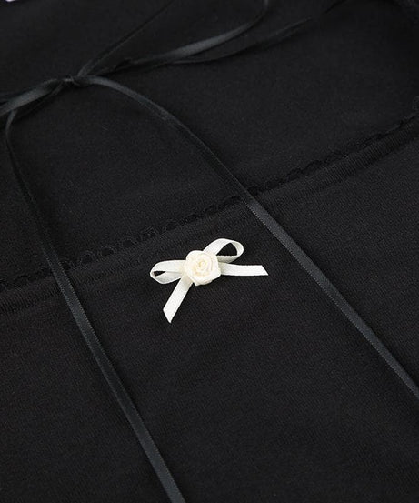 Cozy Chic Black Square Neck Long Sleeve Top | Ribbon Tie Front & Delicate Lace Trim