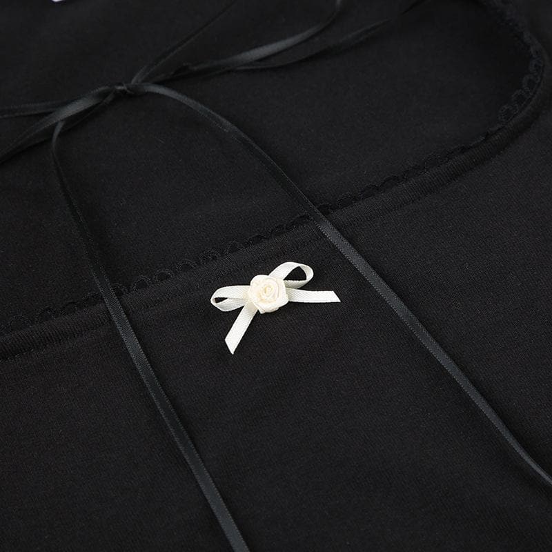 Cozy Chic Black Square Neck Long Sleeve Top | Ribbon Tie Front & Delicate Lace Trim