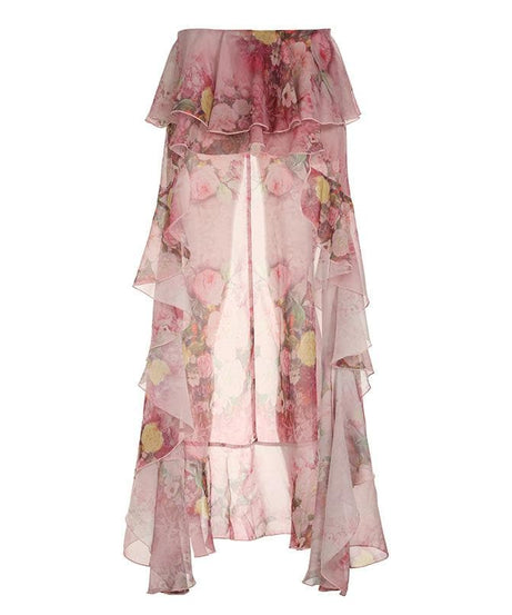 Romantic Floral Ruffle Maxi Skirt - Tiered Chiffon High-Low for Resort & Fall Events