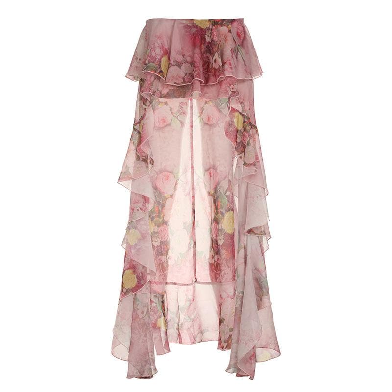 Romantic Floral Ruffle Maxi Skirt - Tiered Chiffon High-Low for Resort & Fall Events