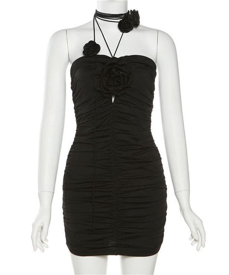 Dark Romance Black Rose Halter Ruched Bodycon Mini Dress - Fall & Holiday Party Ready