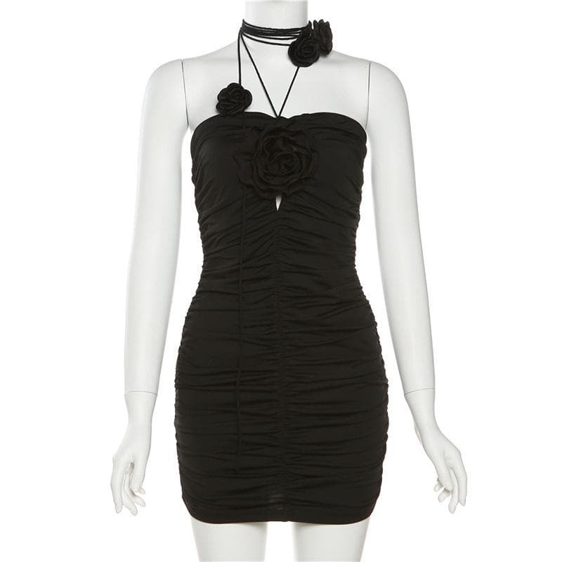 Dark Romance Black Rose Halter Ruched Bodycon Mini Dress - Fall & Holiday Party Ready