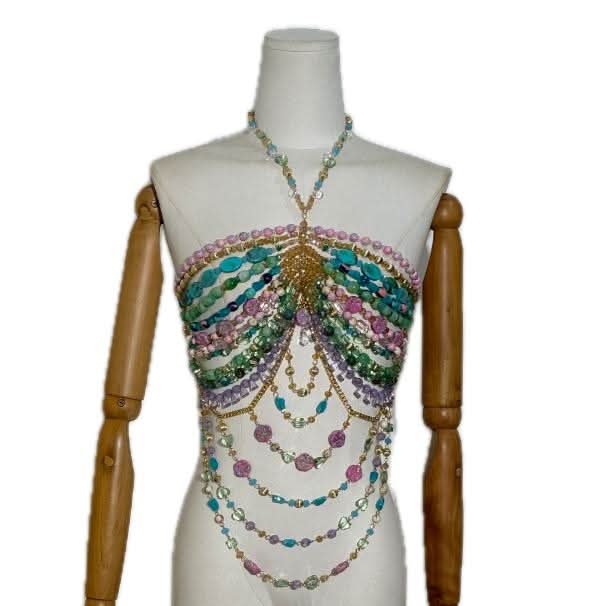 Dazzling Beaded Halter Body Chain Top - Sparkle & Shine for Holiday Parties, Festivals & Tropical Getaways