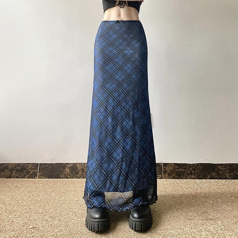 Effortless Blue Floral Mesh Maxi Skirt with Bowknot – Y2K Boho Chic for Fall & Holidays