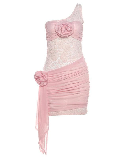 Stunning Pink Lace One-Shoulder Mini Dress with 3D Floral Appliques - Your Fall & Holiday Party Must-Have