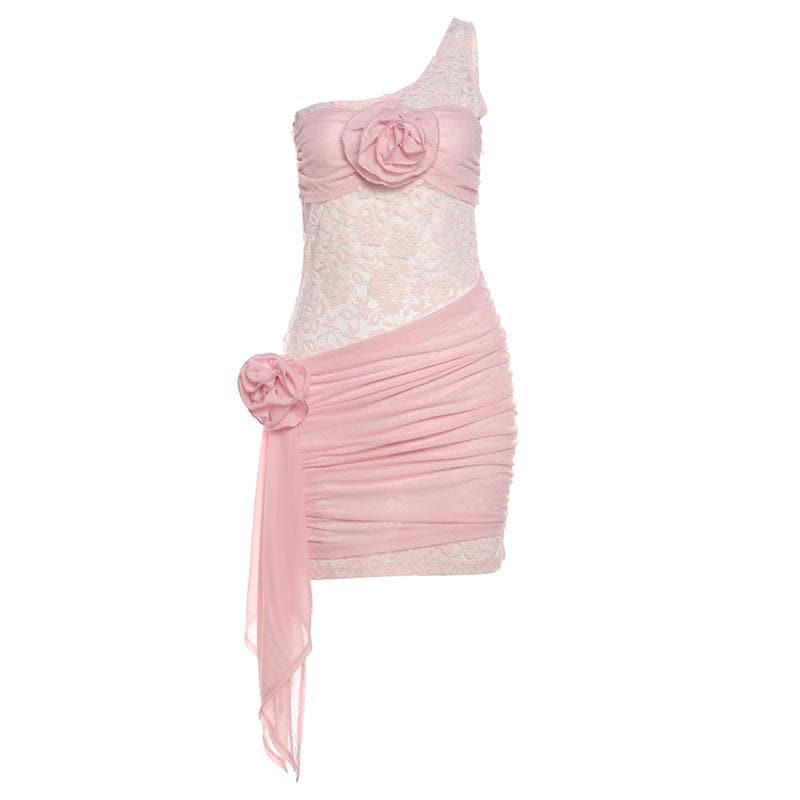 Stunning Pink Lace One-Shoulder Mini Dress with 3D Floral Appliques - Your Fall & Holiday Party Must-Have