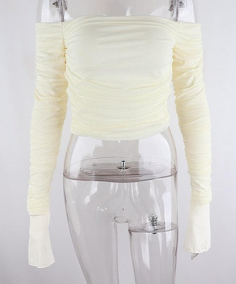 Chic Fall Nights: Black Off-Shoulder Ruched Crop Top with Slit Sleeves