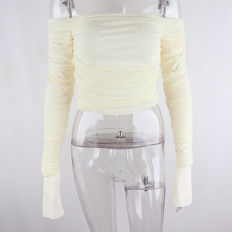 Chic Fall Nights: Black Off-Shoulder Ruched Crop Top with Slit Sleeves