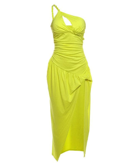 Radiant Neon Yellow One-Shoulder Ruched Maxi Dress with High Slit – The Ultimate Statement for Vacations & Special Events
