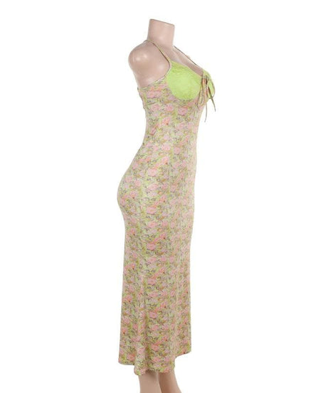 Golden Hour Glam: Autumn Bloom Floral Maxi Dress with Zesty Lime Lace Sweetheart Top