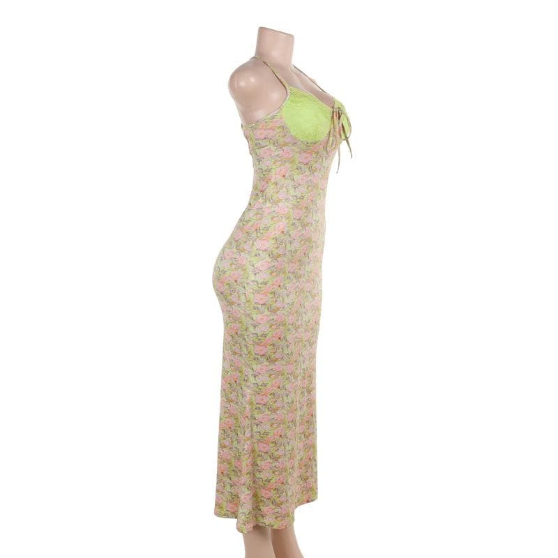 Golden Hour Glam: Autumn Bloom Floral Maxi Dress with Zesty Lime Lace Sweetheart Top