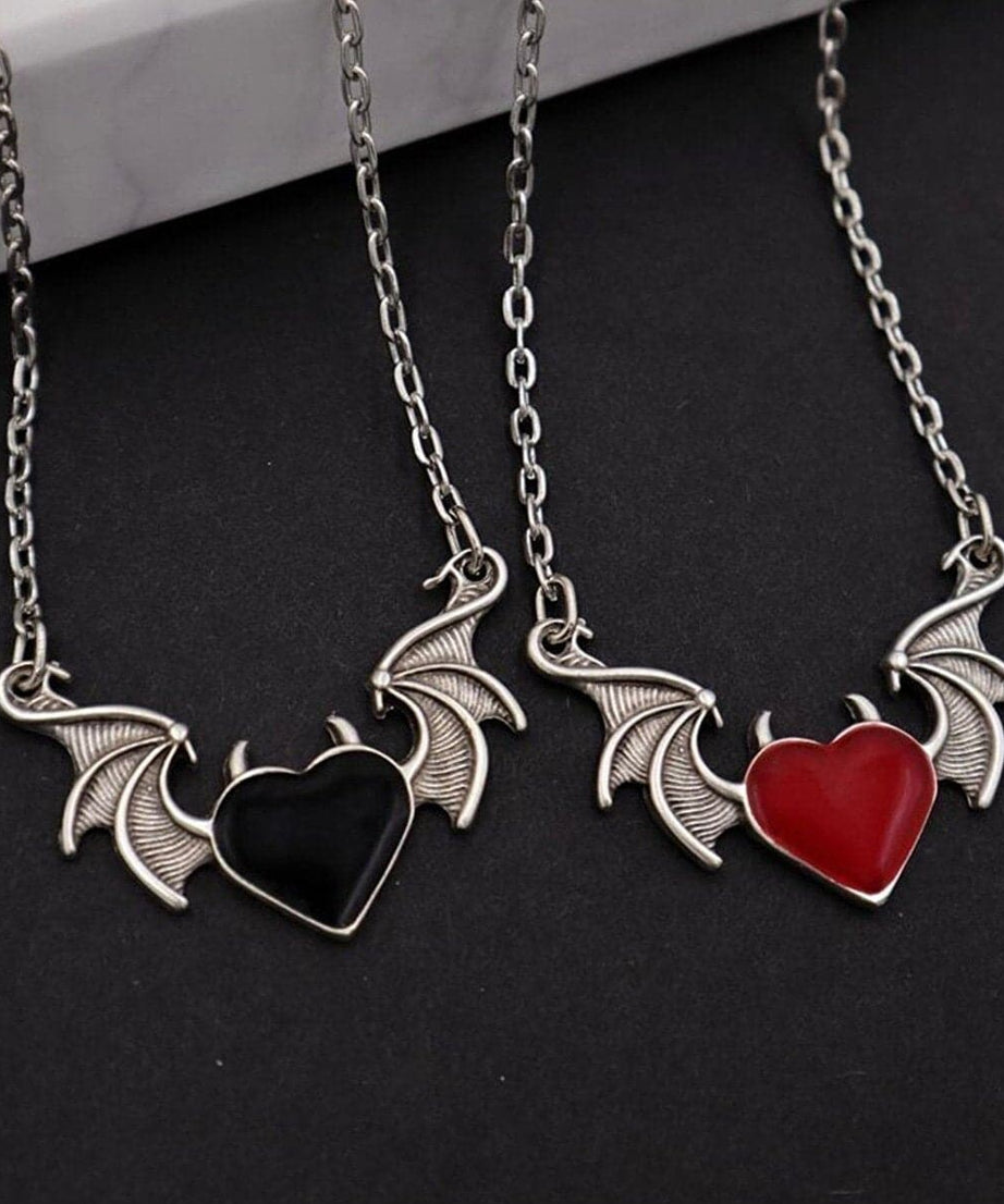 Spooky Chic Bat Wing Heart Necklace - Edgy Goth Pendant for Halloween & Beyond | Black & Red Options