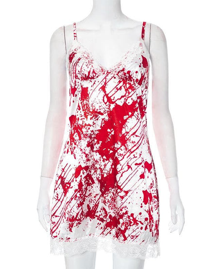 Killer Chic: Women's Blood Splatter Halloween Cami Dress with Lace Trim – Spooky Costume