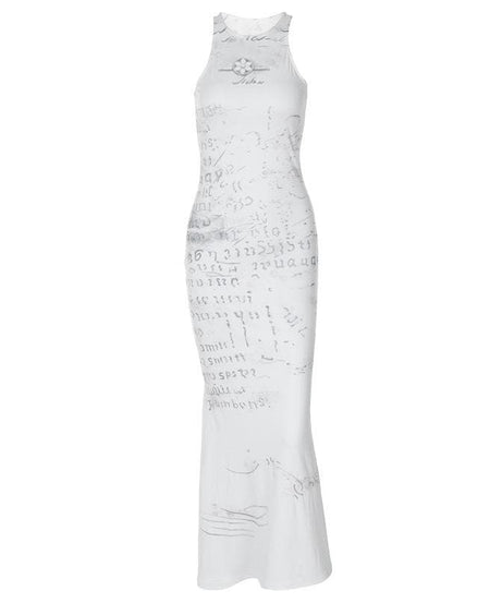 Autumn Archive Print Sleeveless Maxi Dress - Chic Bodycon Crewneck for Effortless Fall Style