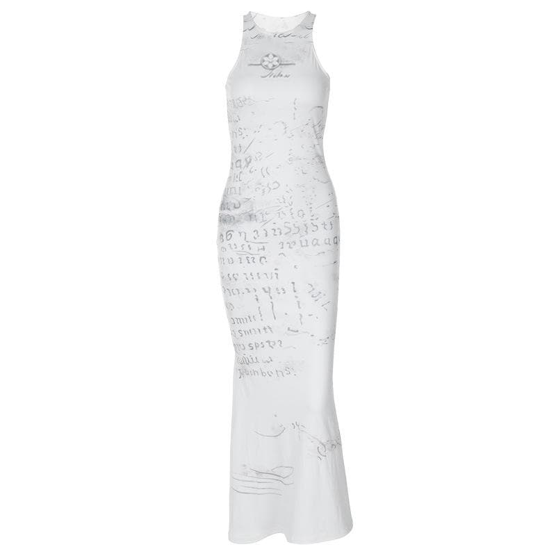 Autumn Archive Print Sleeveless Maxi Dress - Chic Bodycon Crewneck for Effortless Fall Style
