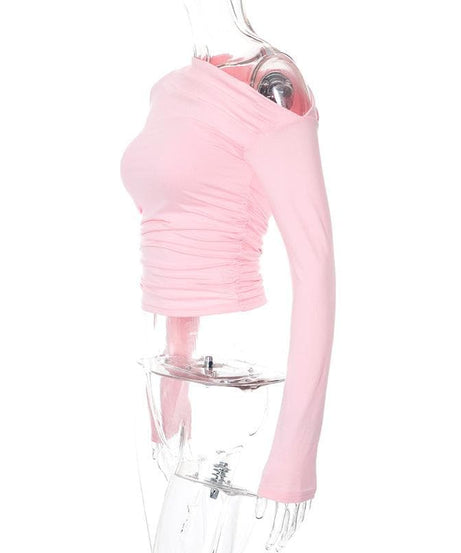 Chic Fall Nights: Asymmetrical Ruched Off-Shoulder Top – Your Essential Black Long Sleeve