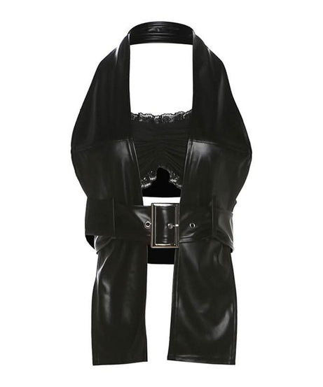 Edgy Luxe Faux Leather Halter Vest & Lace Bralette Set - Fall Fashion Statement