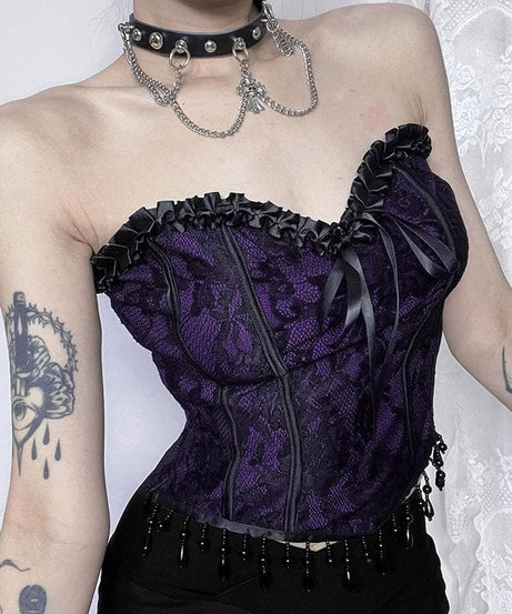 Dark Enchantress Purple Lace Corset Bustier Top - Halloween & Fall Goth Glamour
