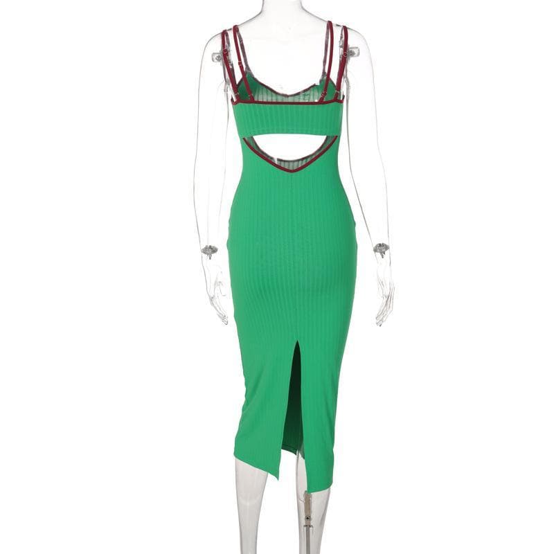 Fall & Holiday Ready: Chic Ribbed Cut-Out Midi Dress with Red Trim – Figure-Flattering Green