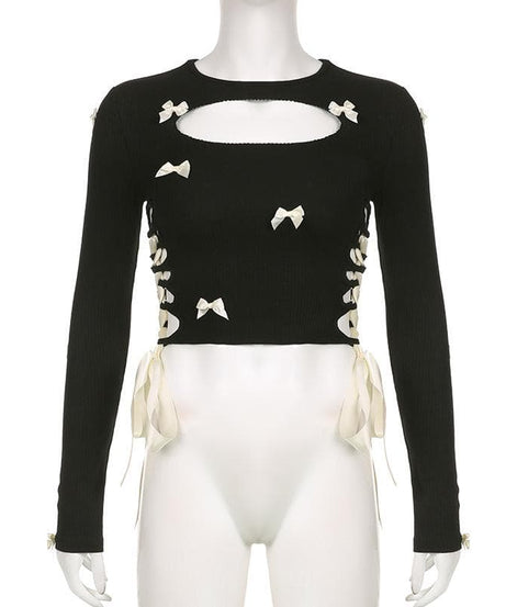 Coquette Charm: Black Bowknot Lace-Up Long Sleeve Crop Top | Chic Fall Cut-Out Style