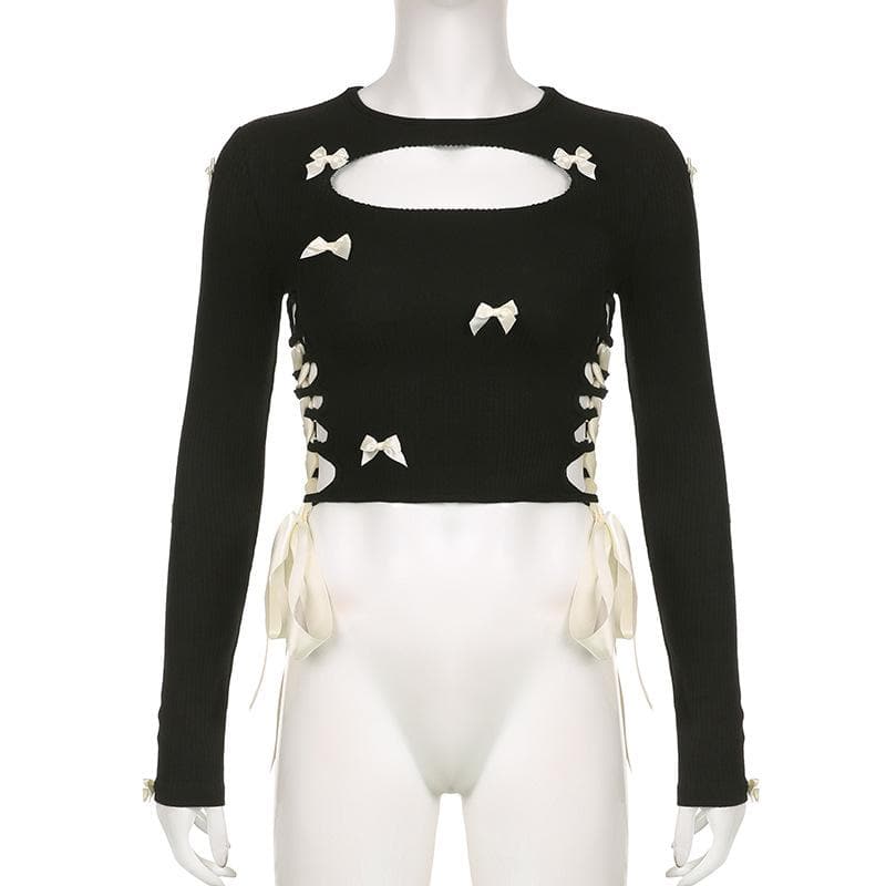 Coquette Charm: Black Bowknot Lace-Up Long Sleeve Crop Top | Chic Fall Cut-Out Style