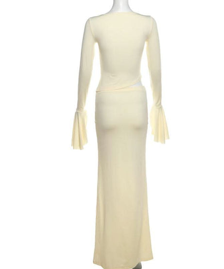 Chic Ivory Ruched Maxi Dress with Flared Bell Sleeves - Your Fall & Holiday Event Essential