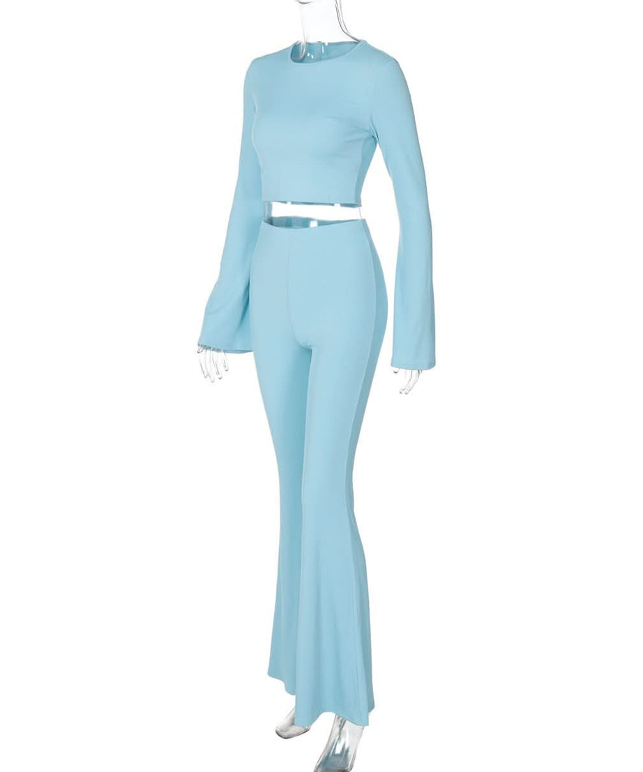 Fall Flair: Sky Blue Ribbed Bell Sleeve Crop Top & Flare Pant Set - Cozy Chic Loungewear