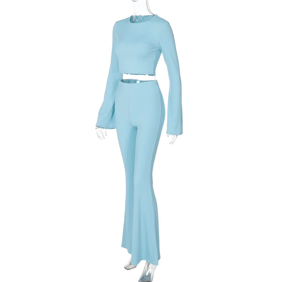 Fall Flair: Sky Blue Ribbed Bell Sleeve Crop Top & Flare Pant Set - Cozy Chic Loungewear