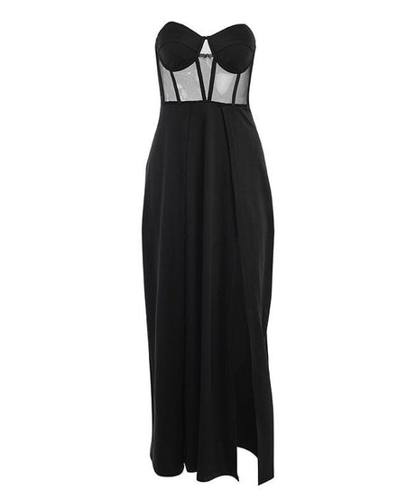Glamorous Black Mesh Corset Maxi Dress with Dual High Slits - Fall & Holiday Party Ready