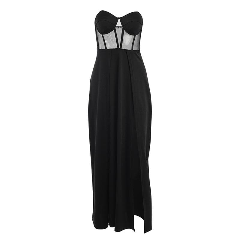 Glamorous Black Mesh Corset Maxi Dress with Dual High Slits - Fall & Holiday Party Ready
