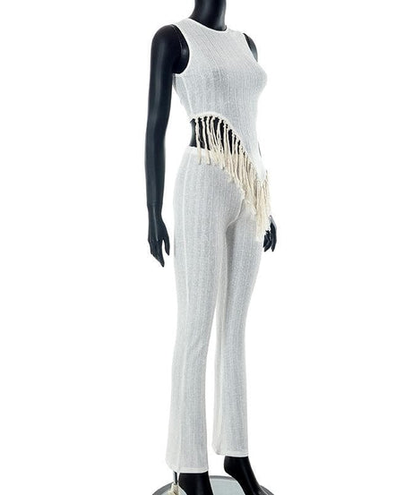 Fall Ready: Effortlessly Chic Asymmetrical Fringe Knit Jumpsuit for Women
