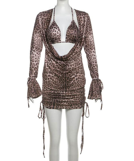 Fierce Leopard Print 3-Piece Cowl Neck Cutout Mini Skirt Set | Adjustable Ruched Fall Party & Club Wear