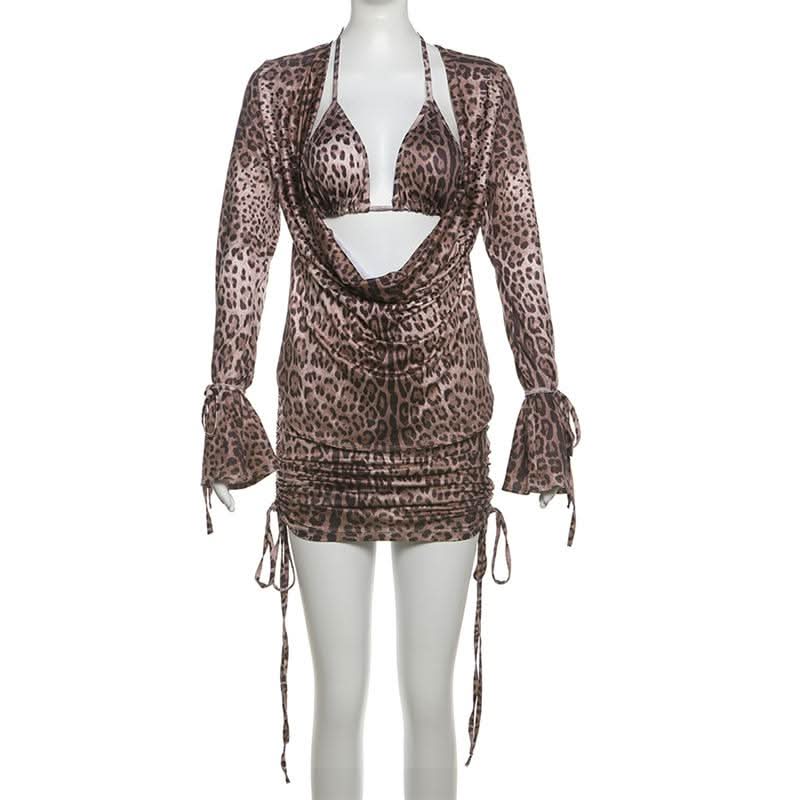 Fierce Leopard Print 3-Piece Cowl Neck Cutout Mini Skirt Set | Adjustable Ruched Fall Party & Club Wear