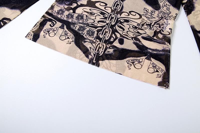 Dark Romance Graphic Sheer Mesh Long Sleeve Top | Tattoo-Inspired Fall '25 Edgy Chic