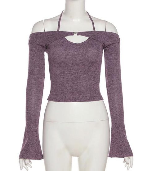 Effortless Fall Style: Halter Off-Shoulder Knit Top | Layered Look Bell Sleeve Sweater