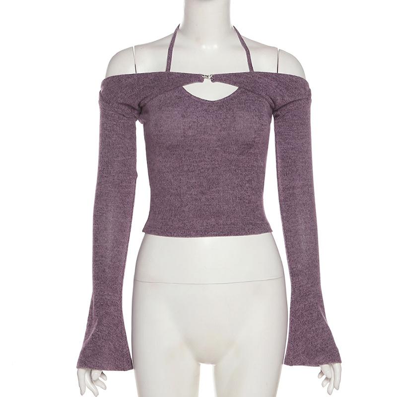 Effortless Fall Style: Halter Off-Shoulder Knit Top | Layered Look Bell Sleeve Sweater