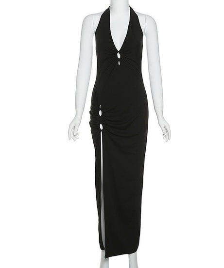 Autumn's Embrace: Luxe Halter Maxi Dress with Keyhole & Seductive High Slit