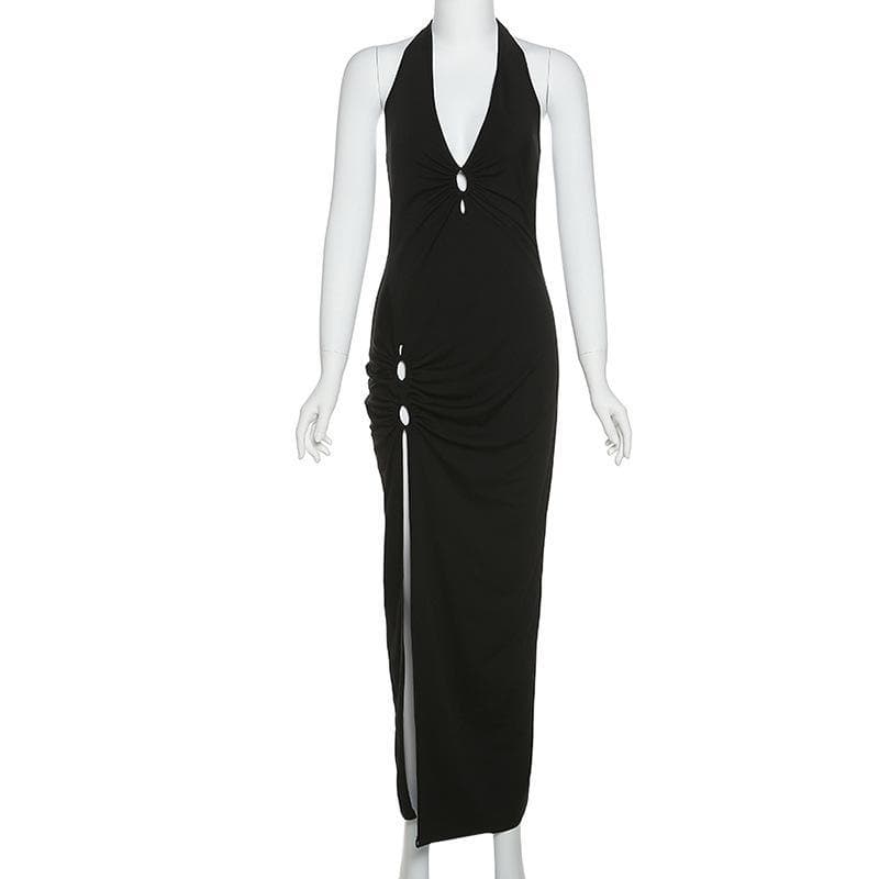 Autumn's Embrace: Luxe Halter Maxi Dress with Keyhole & Seductive High Slit