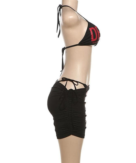 Fall Getaway Ready: Bold Graphic Halter Crop Top & Ruched Mini Skirt Set – Your Statement Night Out & Vacation Essential